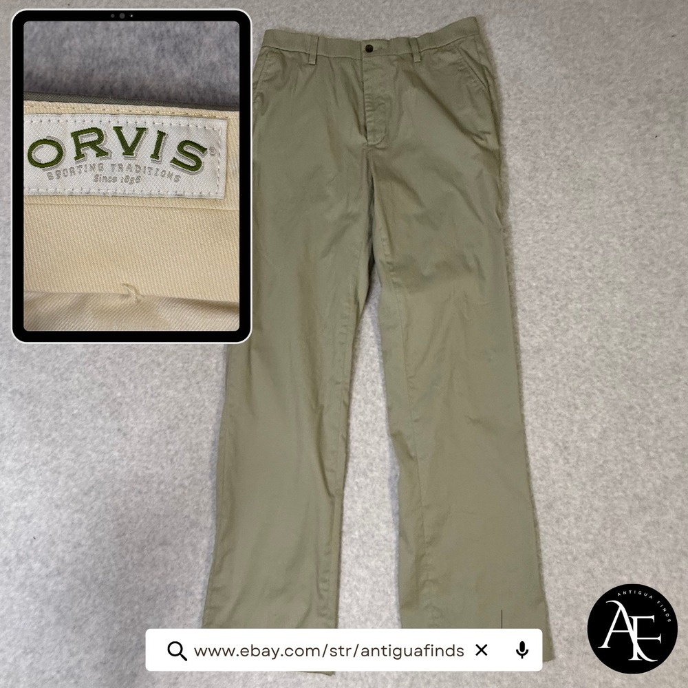 Orvis Sporting Traditions Mens 34 Olive Green Khaki Chino Stretch Pants Straight